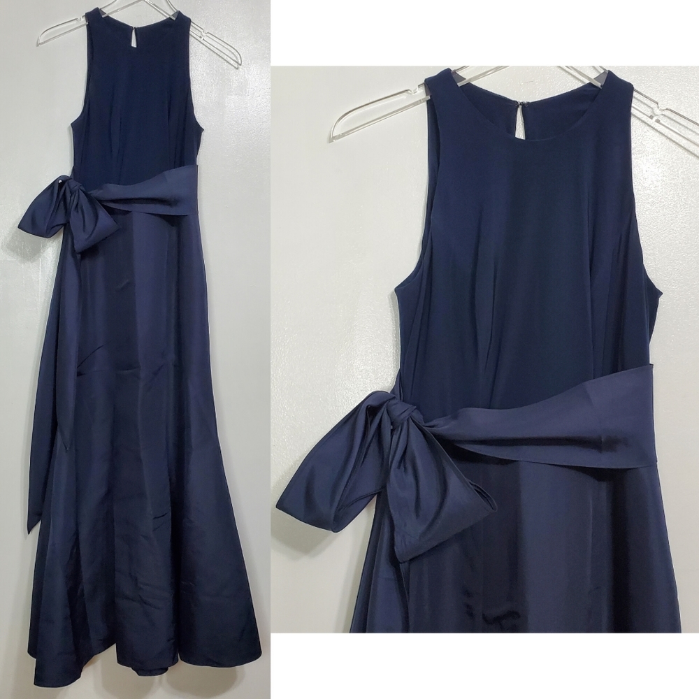 Sleeveless Navy Bow-Waist Evening Dress